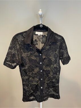 PARALLEL Black Sheer Floral Lace Button-Up Shirt - Medium